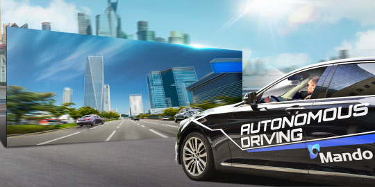 만도 자율주행차 '하키'가 3D VR을 비전 센싱하고 있다. <한라그룹 제공>